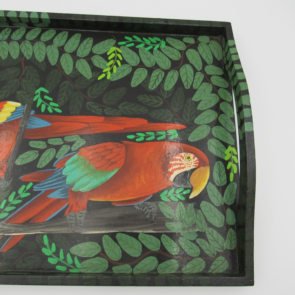 Vtg Parrot Macaw Folk Art Wood Serving Tray Hand Painted Tropical Tiki Signed - Picture 6 of 8